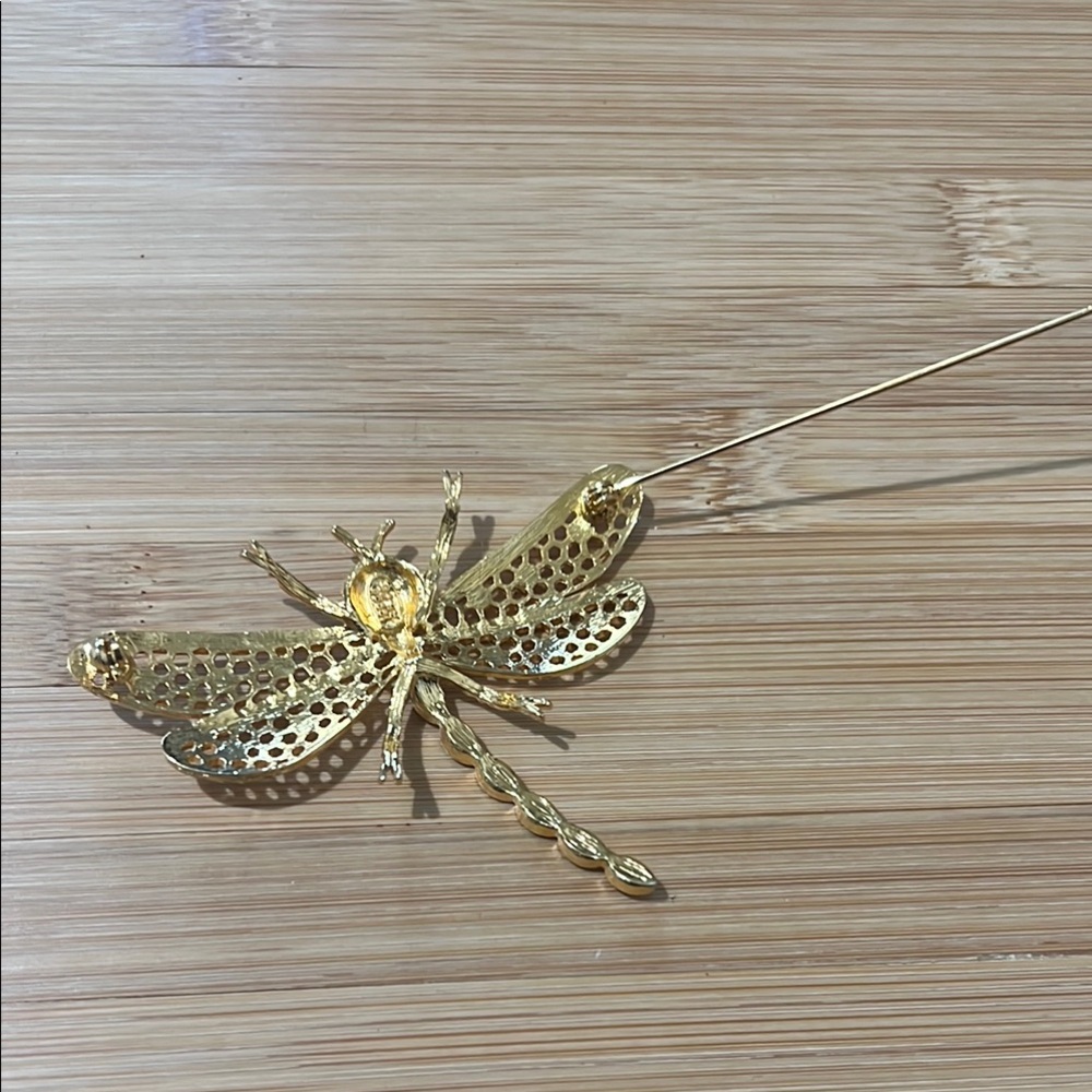 Vintage PS CO 1999 Elegant Gold Dragonfly Brooch with Crystal Accents - Picture 6 of 8